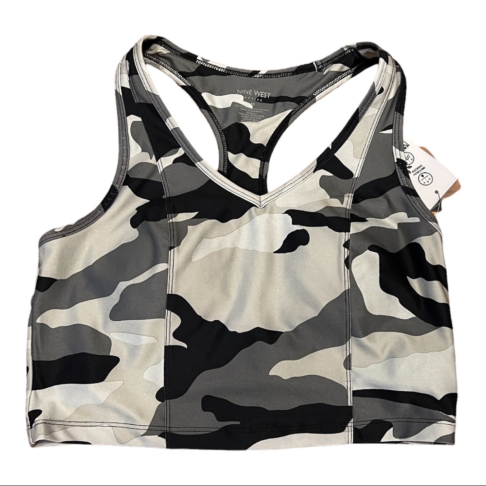 Nine West Active Black Grey White Camo Racerback Sports Bra (M)